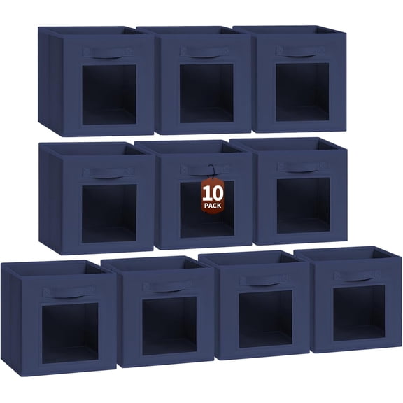 Set of 10 Navy Blue 11-Inch Cube Storage Bins with Window and Handle - Fabric Closet Organizer Baskets