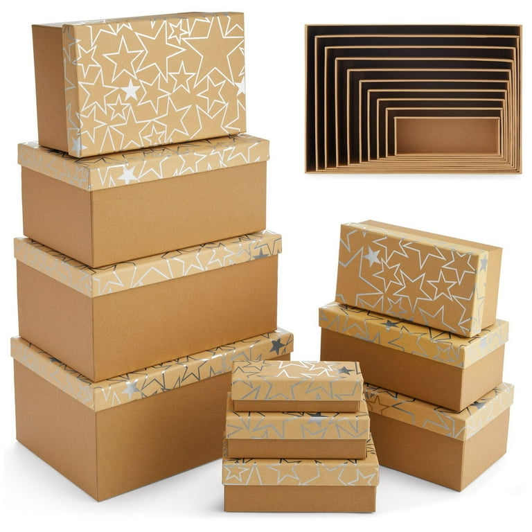 Set of 10 Nesting Gift Boxes with Lids, Cardboard Box with Silver Foil Star  Designs (10 Sizes)