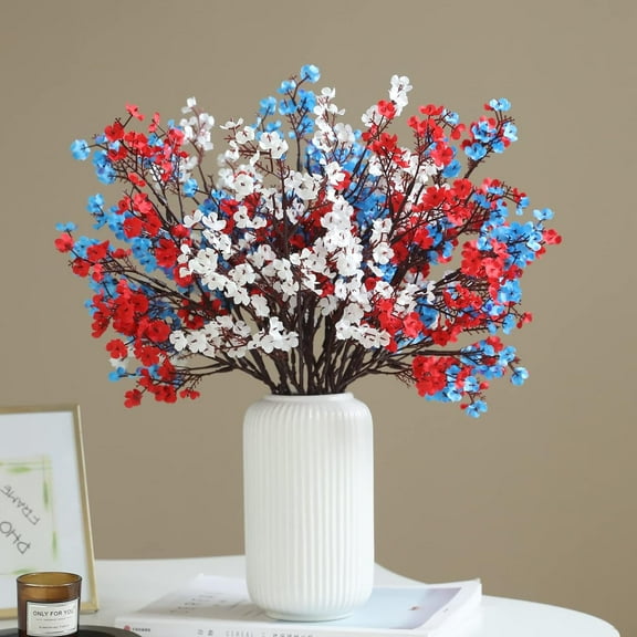 Set of 10 Patriotic Flowers Memorial Day Decoration for Indoor Plum Blossom Fake Silk Patriotic Flowers for Independence Day-Without Vase