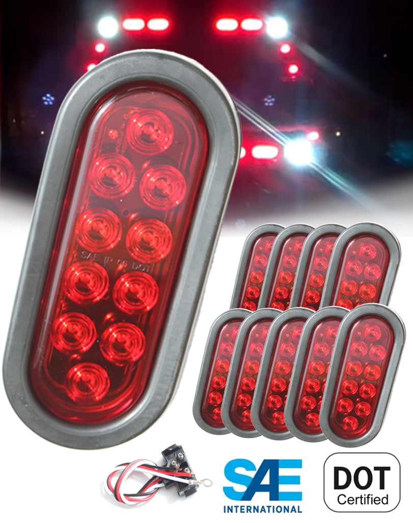 Set of 10 Pcs LED 6" Oval Red Brake Stop Turn Tail Marker Signal Lights for Truck Trailer Tractor w Grommet Pigtail Kit DOT SAE Approved -D