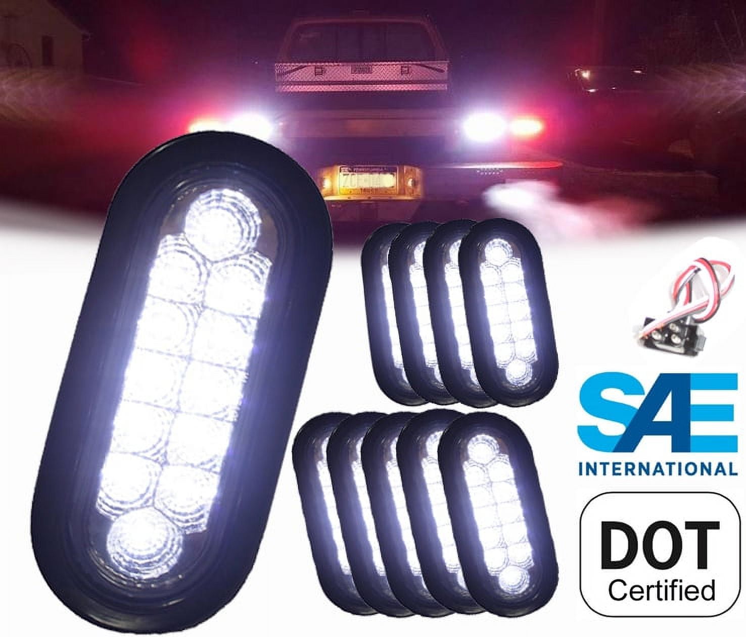 Set of 10 Pcs White Oval Backup Reverse LED 6" Light for Truck Trailer Tractor Jeep w Grommet Pigtail Kit DOT SAE Approved