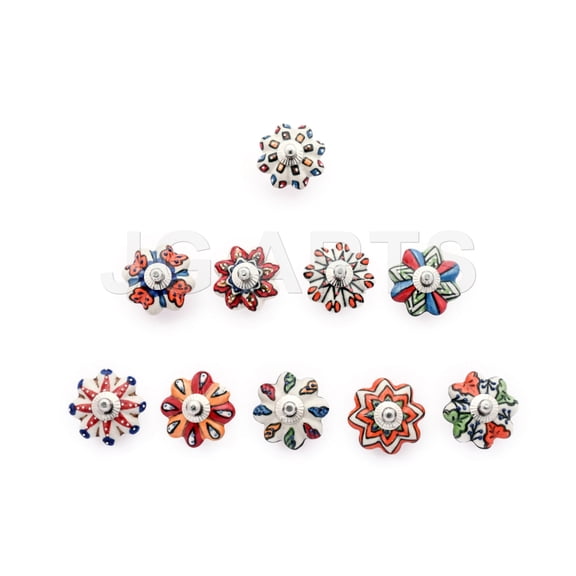 Set of 10 Pieces Dotted Mix Color Multi Designed Ceramic Cupboard Cabinet Door Knobs Drawer Pulls & Chrome Hardware (Leaf Design Multi Colour)