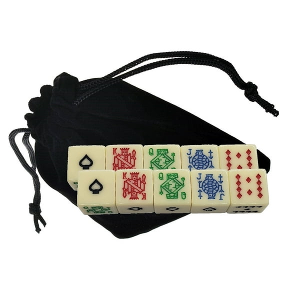 Set of 10 Poker Dice Ivory Tone Updated Vivid Symbols Colors + Storage Pouch (Cyber-Deals Bundle)
