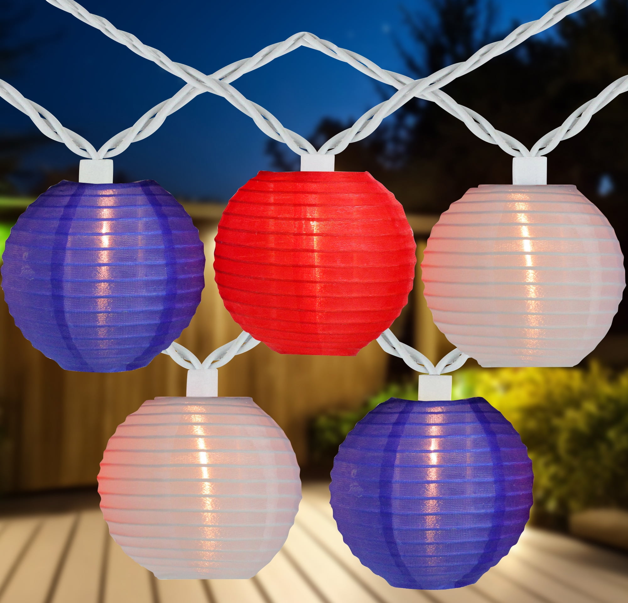 Set of 10 Red White and Blue Round Chinese Lantern Patio Lights - White Wire