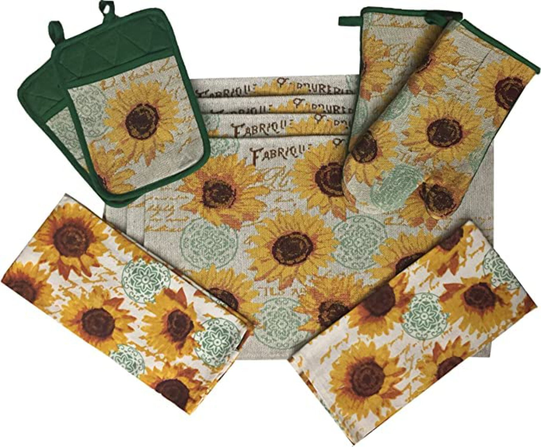 Set of 10, Sunflower Design Tapestry Kitchen Towel Set, Include 4 Placemats, 2 Kitchen Towels, 2 Potholder  2 Oven mitt.