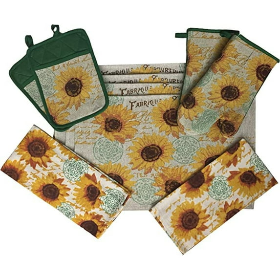 Set of 10, Sunflower Design Tapestry Kitchen Towel Set, Include 4 Placemats, 2 Kitchen Towels, 2 Potholder 2 Oven mitt.