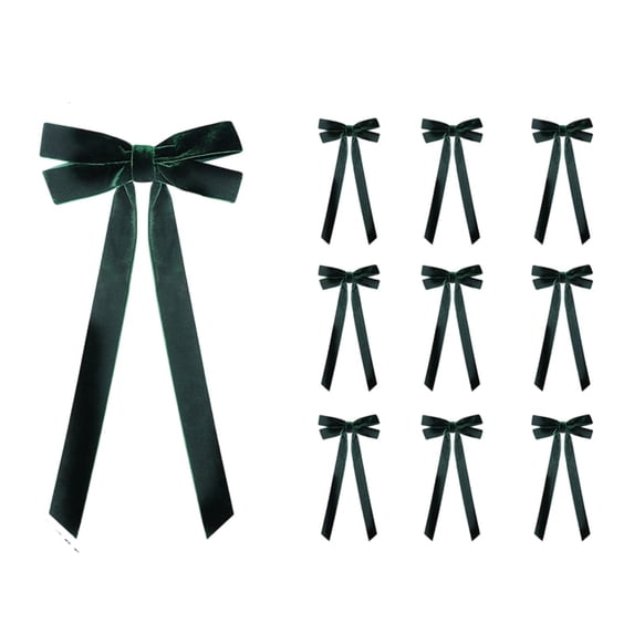 Set of 10 Velvet Christmas Bows with 12.4 Inch Long Tails, Dark Green, for Wreath and Tree, Holiday Decorations