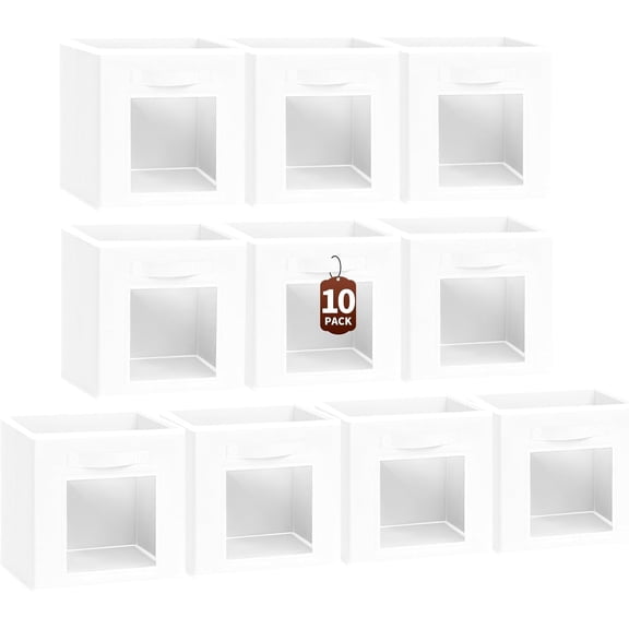 Set of 10 White Fabric Storage Cubes with Window and Handle, 11-Inch Closet Organizer Bins for Toys and Clothes