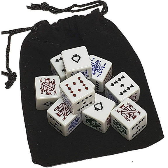 Set of (10) White Poker Dice "Spades" Ace Squared Corners ... Plus Storage Pouch
