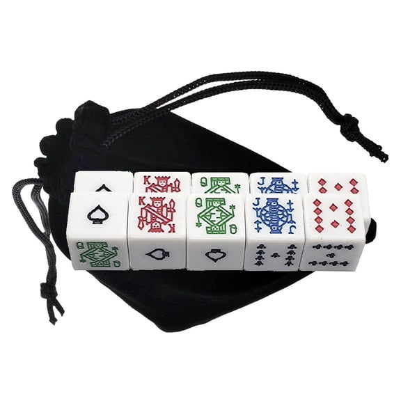 Set of (10) White Poker Dice "Spades" Ace Squared Corners ... Plus Storage Pouch