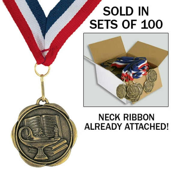 Set of 100 Award Medals with Neck Ribbons - Lamp of Knowledge