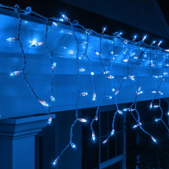 Set of 100 Blue Mini Incandescent Icicle Christmas Lights, White Wire 3 in. Spacing