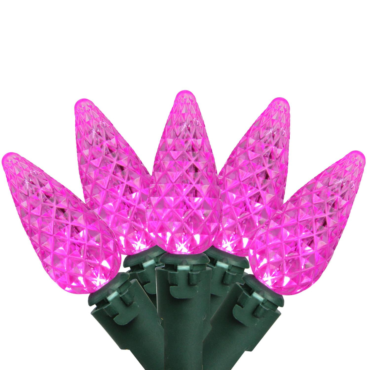 Set of 100 Faceted Pink LED C6 Christmas Lights Green Wire