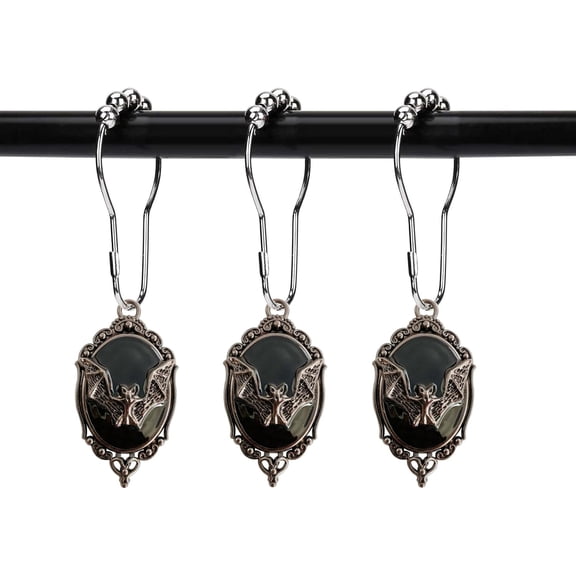Set of 12 Bats Shower Curtain Hooks Rings, Gothic Vampire Bat, Halloween Party Supplies Haunted House Decoration (Black-Background)