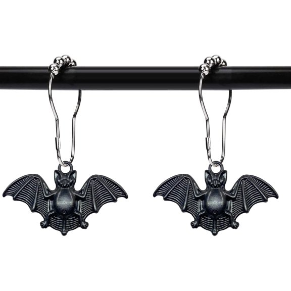 Set of 12 Bats Shower Curtain Hooks Rings Halloween Party Supplies Haunted House Decoration Stainless Steel Rustproof (Black-Bat)