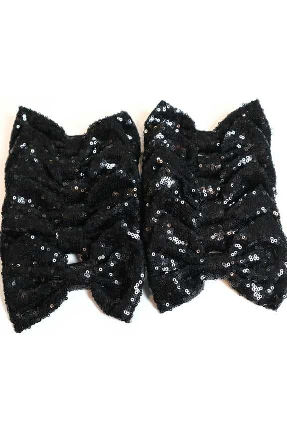 Set of 12 Black Sequin Bows 5 Inches Large Glitter Bows Wholesale Bows, DIY Fabric Hair Bows - No Clips