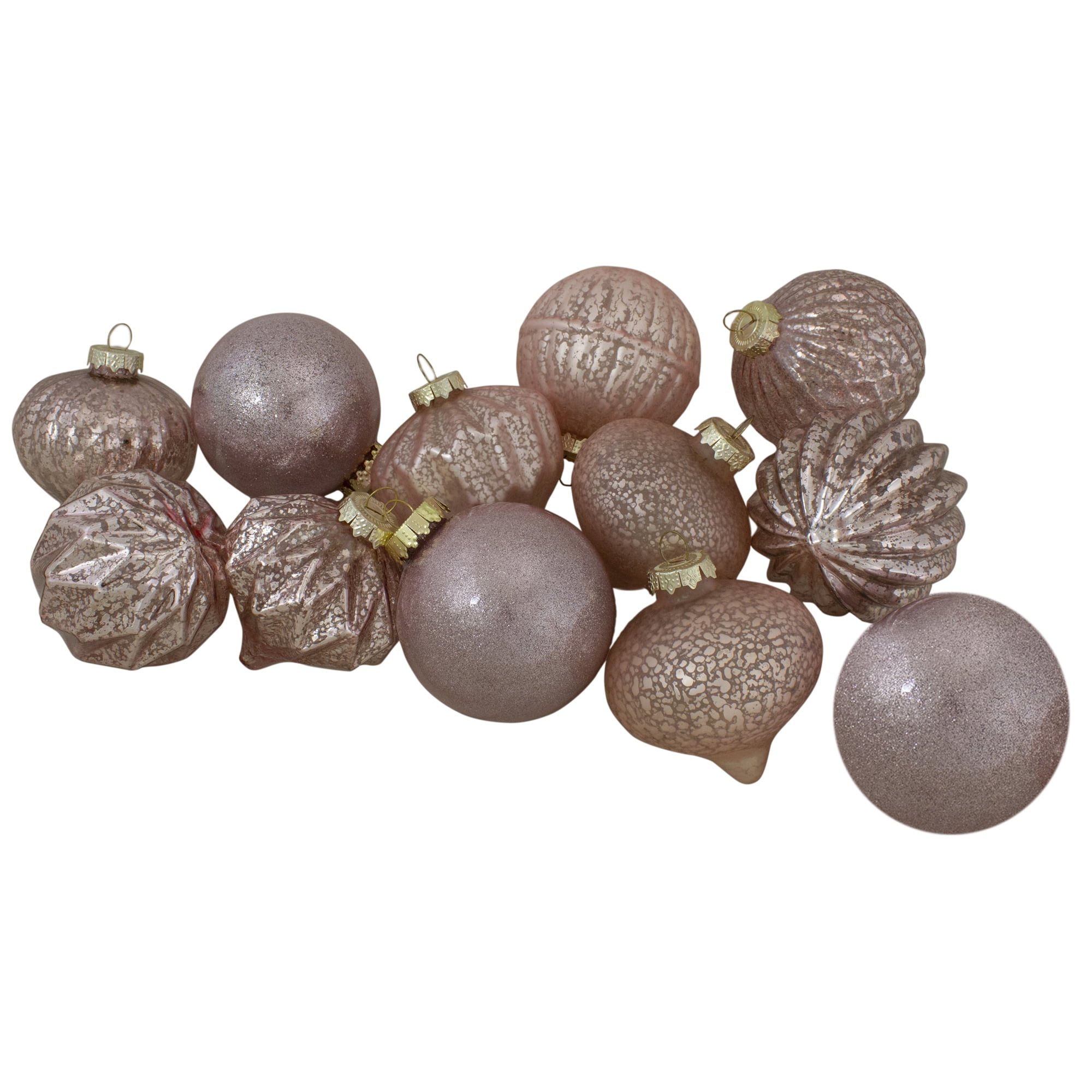 Set of 12 Blush Pink Glass Finial and Ball Ornaments