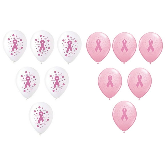 Set of 12 Breast Cancer Awareness Pink and White 11" Latex Balloons