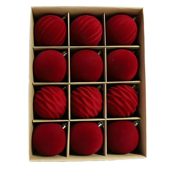 Set of 12 Burgundy Flocked Velvet Christmas Ornaments, 2.36 Inch Decorative Balls for Tree Pendants & Holiday Home Decor