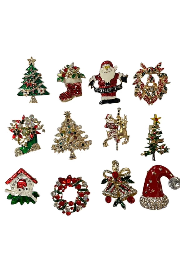 Set of 12 Christmas Pins Brooch Lot/ Holiday Brooch / Christmas Tree/ Santa/Gift