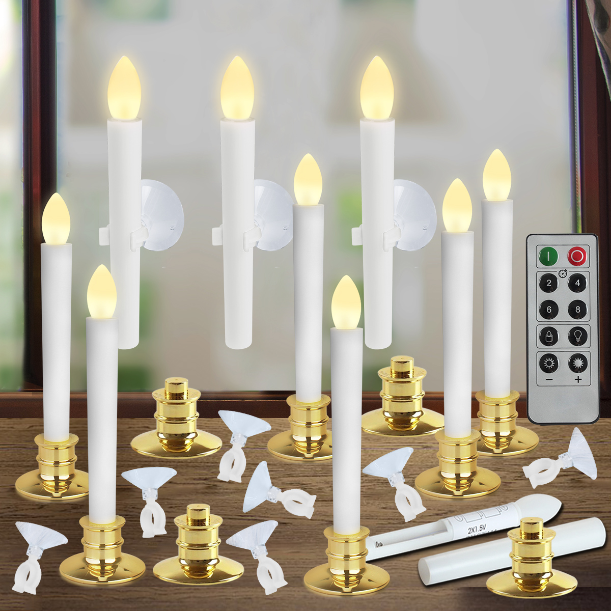 Set of 12 Christmas Window Candles With Gold Holders - Battery Operated ...