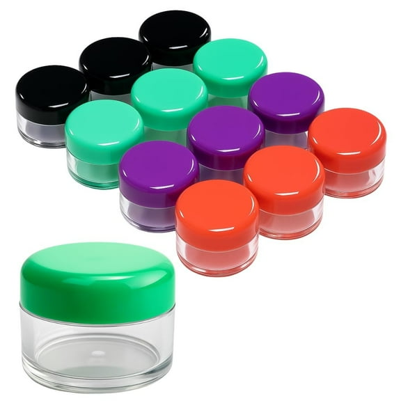 Set of 12 Clear Plastic Jars With Colored Lids: Size 25 Mil