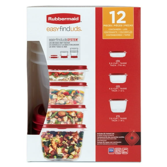 Set of 12 Easy Find Vented Lids Food Storage Containers: Microwave, Freezer & Dishwasher Safe, Red/Clear