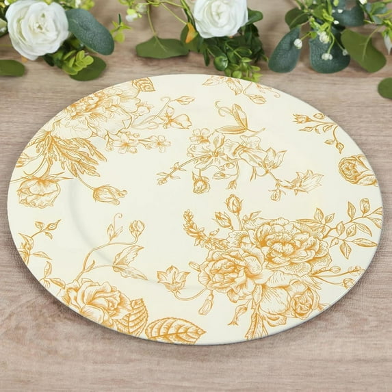 Set of 12 French Toile Charger Plates, 13" Gold Floral Acrylic Round Plates for Wedding Reception Dinner Party Decor,Durable Stylish Tableware