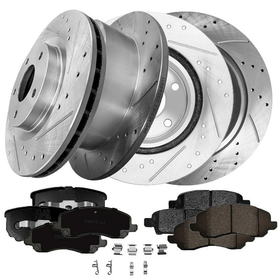 Set of 12 Front 294mm-Rear 262mm Drilled Slotted Brake Disc Rotors-Front D1285 8402 Rear D1037 7940 Ceramic Brake Pad kit For 2007-2013 Jeep Patriot
