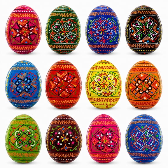 Set of 12 Geometrical Wooden Ukrainian Easter Eggs Pysanky 2.5 Inches