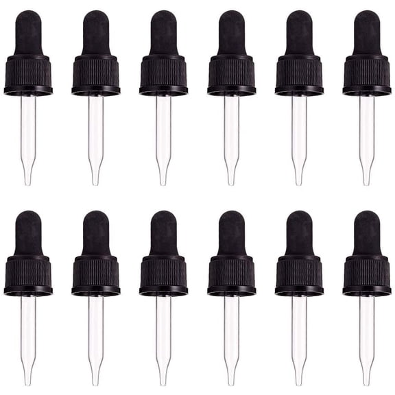Set of 12 Glass Eye Droppers for Essential Oil 10ml (1/3 Ounce) Pressure Rotating Cover Oil Droppers Pipettes Roller Tops
