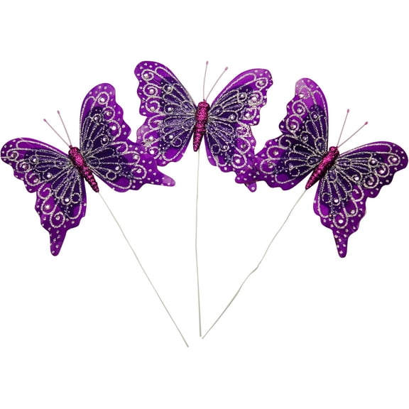 Set of 12 Glitter Monarch Feather Butterfly Floral Picks (Purple Silver)