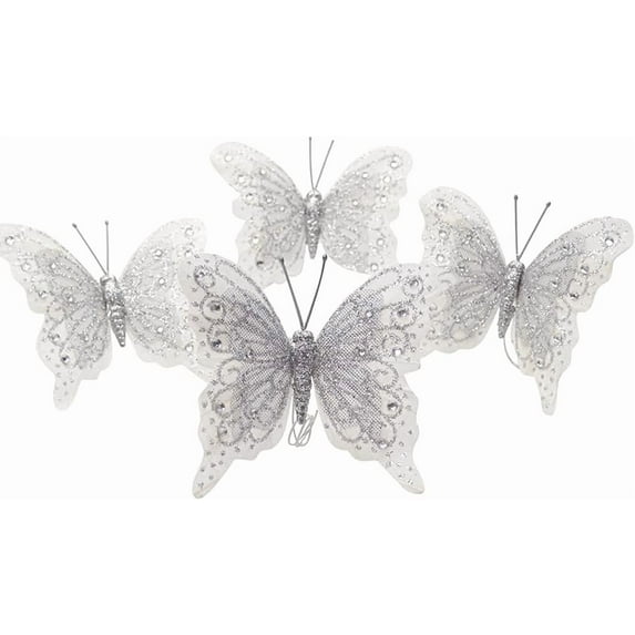 Set of 12 Glitter Monarch Feather Butterfly Floral Picks (White/Silver)