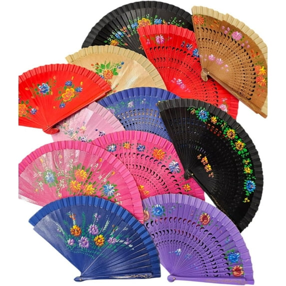 Set of 12 Hand Held High Quality Wood Folding Fans w/Gift Bags for Party Favors, Party Decor