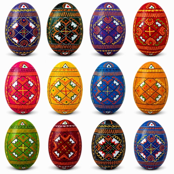 Set of 12 Handcrafted Geometric Ukrainian Pysanky Wooden Easter Eggs