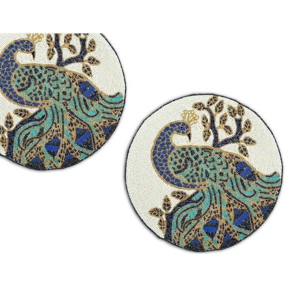 Set of 12 Handmade Beads placemats, Peacock Design Table-mats, Designer Charger Plates 13X13 Inch
