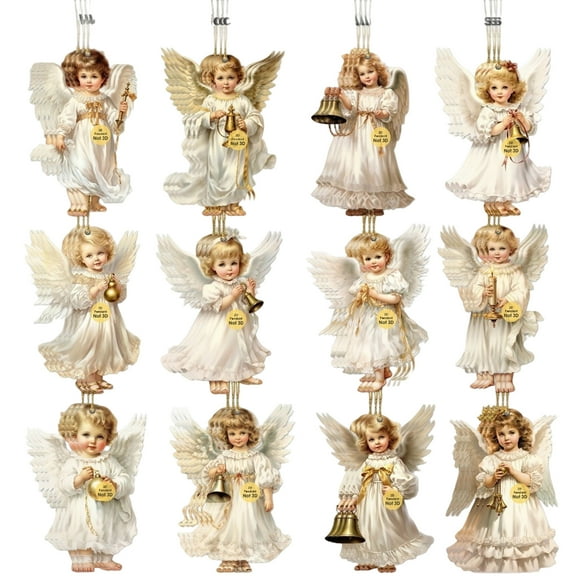 Set of 12 Hanging Angel Figurine Ornaments with Musical Instruments and Wings for Home Holiday Decoration