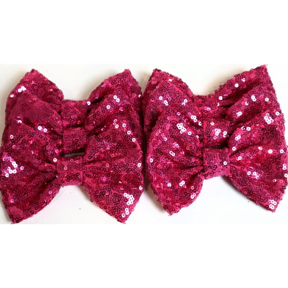 Set of 12 Hot Pink Sequin Bows 5 Inches Large Glitter Bows Wholesale Bows, DIY Fabric Hair Bows - No Clips