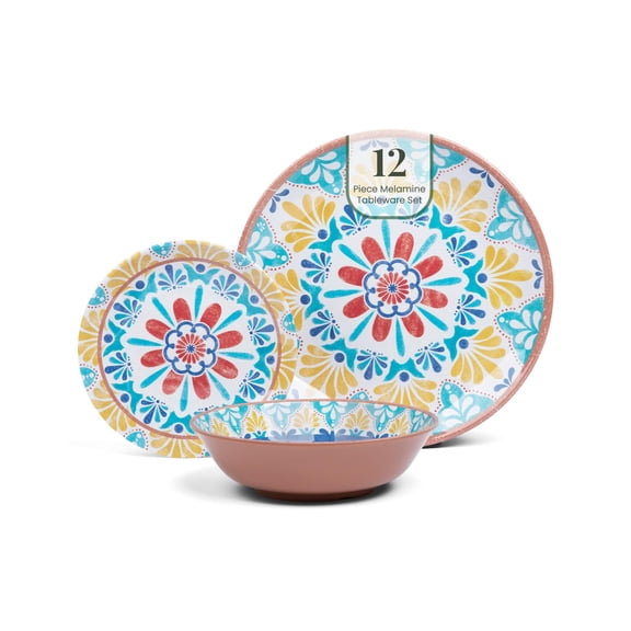 Set of 12 Melamine Dishes | Modern Bowls and Plates Set | Unbreakable Dish Set for 4