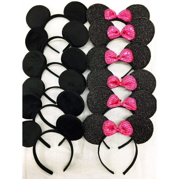Set of 12 Minnie Ears, Disney Ears, Mickey Ears, Disney Theme Party, Boys and Girls One Size Fits All (6 Black Sequin w/Hot Pink Bow & 6 Plain Black)