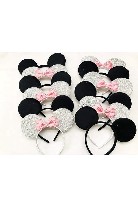 Set of 12 Minnie Ears, Disney Ears, Mickey Ears, Disney Theme Party, Boys and Girls One Size Fits All (6 Black w/Red Bow & 6 Black Sequin)