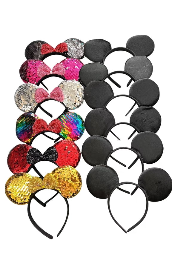 Set of 12 Minnie Ears, Disney Ears, Mickey Ears, Disney Theme Party, Boys and Girls One Size Fits All (6 Variety and 6 Plain Bow)