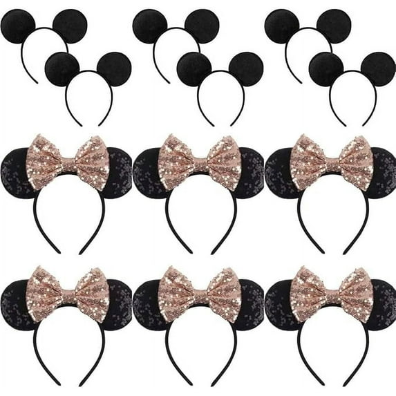 Set of 12 Minnie Ears, Ears, Mickey Ears, Theme Party, Boys and Girls One Size Fits All (6 rose gold & 6 Plain Black)