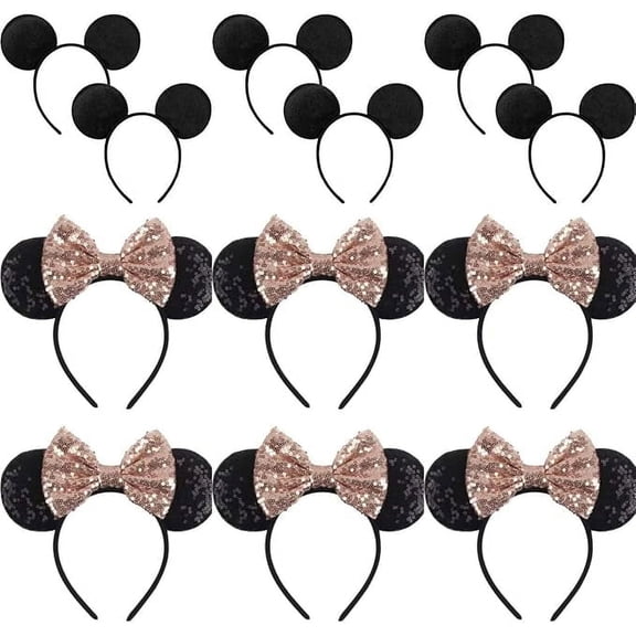 Set of 12 Minnie Ears, Ears, Mickey Ears, Theme Party, Boys and Girls One Size Fits All (6 rose gold & 6 Plain Black)