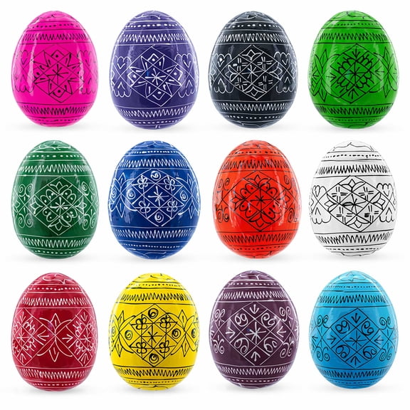 Set of 12 Multicolored Hand Painted Ukrainian Wooden Easter Eggs 2.5 Inches