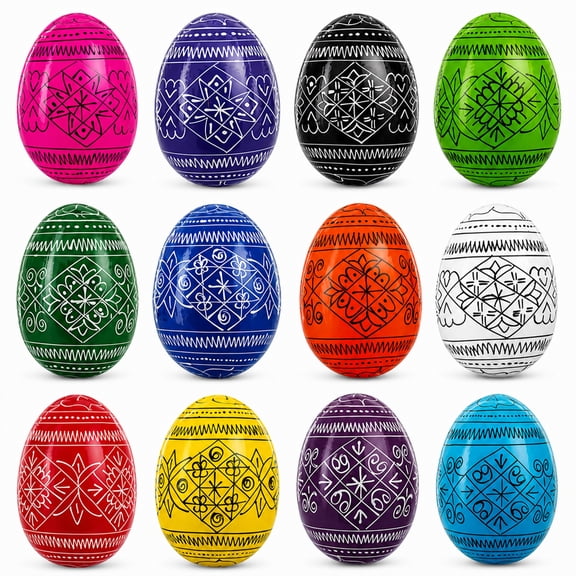 Set of 12 Multicolored Hand Painted Ukrainian Wooden Easter Eggs 2.5 Inches