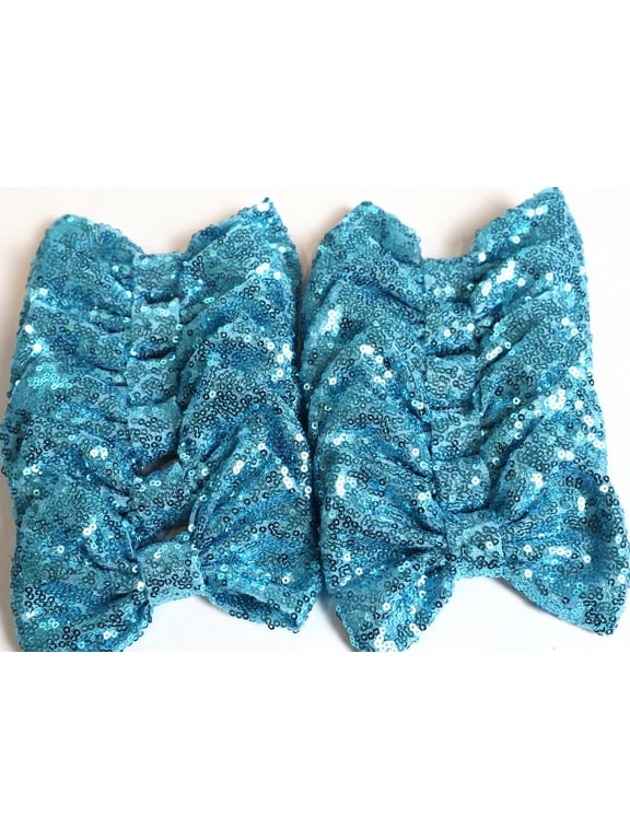 Set of 12 Ocean Blue Sequin Bows 5 Inches Large Glitter Bows Wholesale Bows, DIY Fabric Hair Bows - No Clips