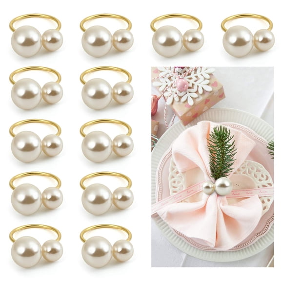 Set of 12 Pearl Napkin Rings, Gold Napkin Ring Holders for Formal or Casual Dinning Table Decor