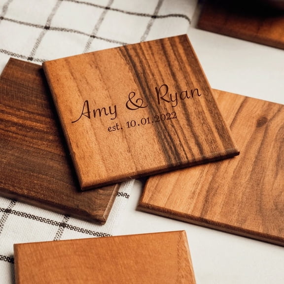 Set of 12 Personalized 4.7" Square Walnut Coasters Handmade Custom Laser Engraved Table Protector