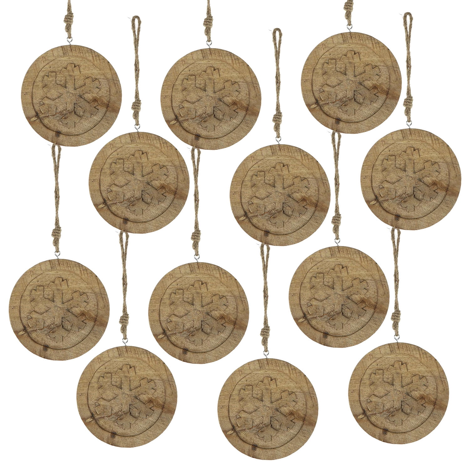 Set of 12 Round Snowflake Ornaments Mango Wood Embossed Snowflake Pattern Natural Wood Christmas Tree Decor Wall Door Mantle Tabletop Hanging